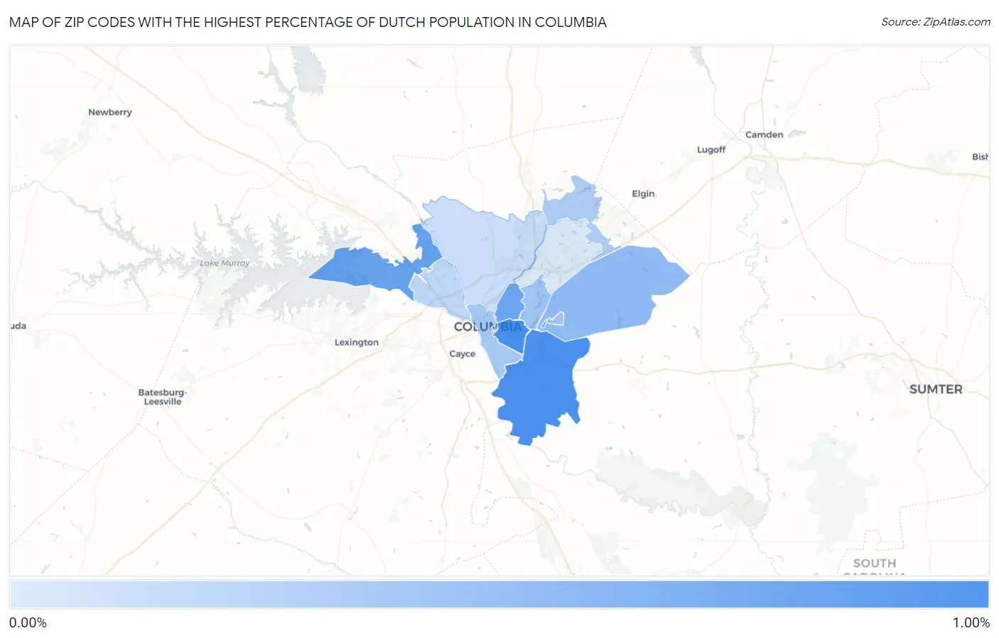 Zip Codes with the Highest Percentage of Dutch Population in Columbia Map