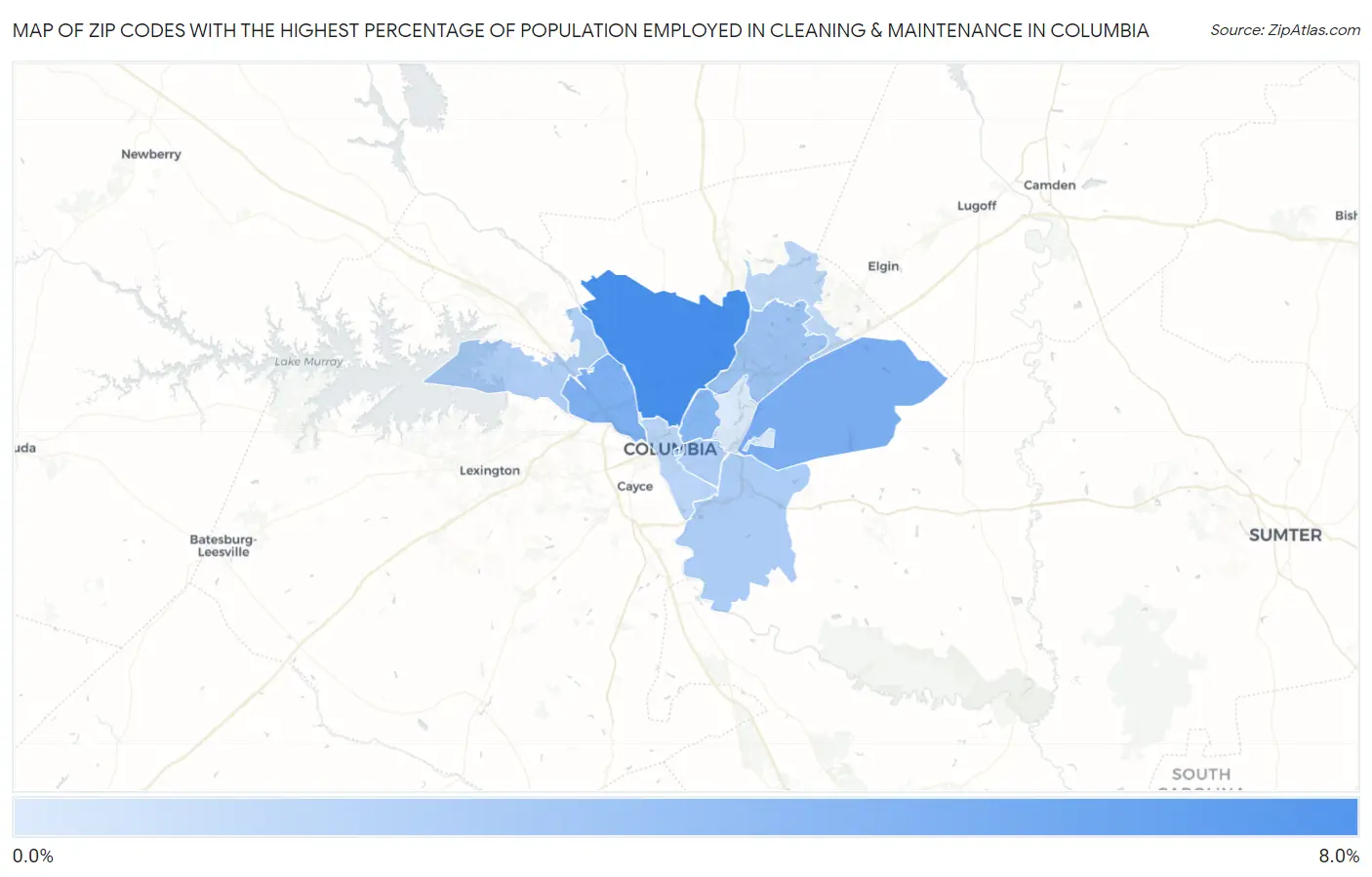 Zip Codes with the Highest Percentage of Population Employed in Cleaning & Maintenance in Columbia Map