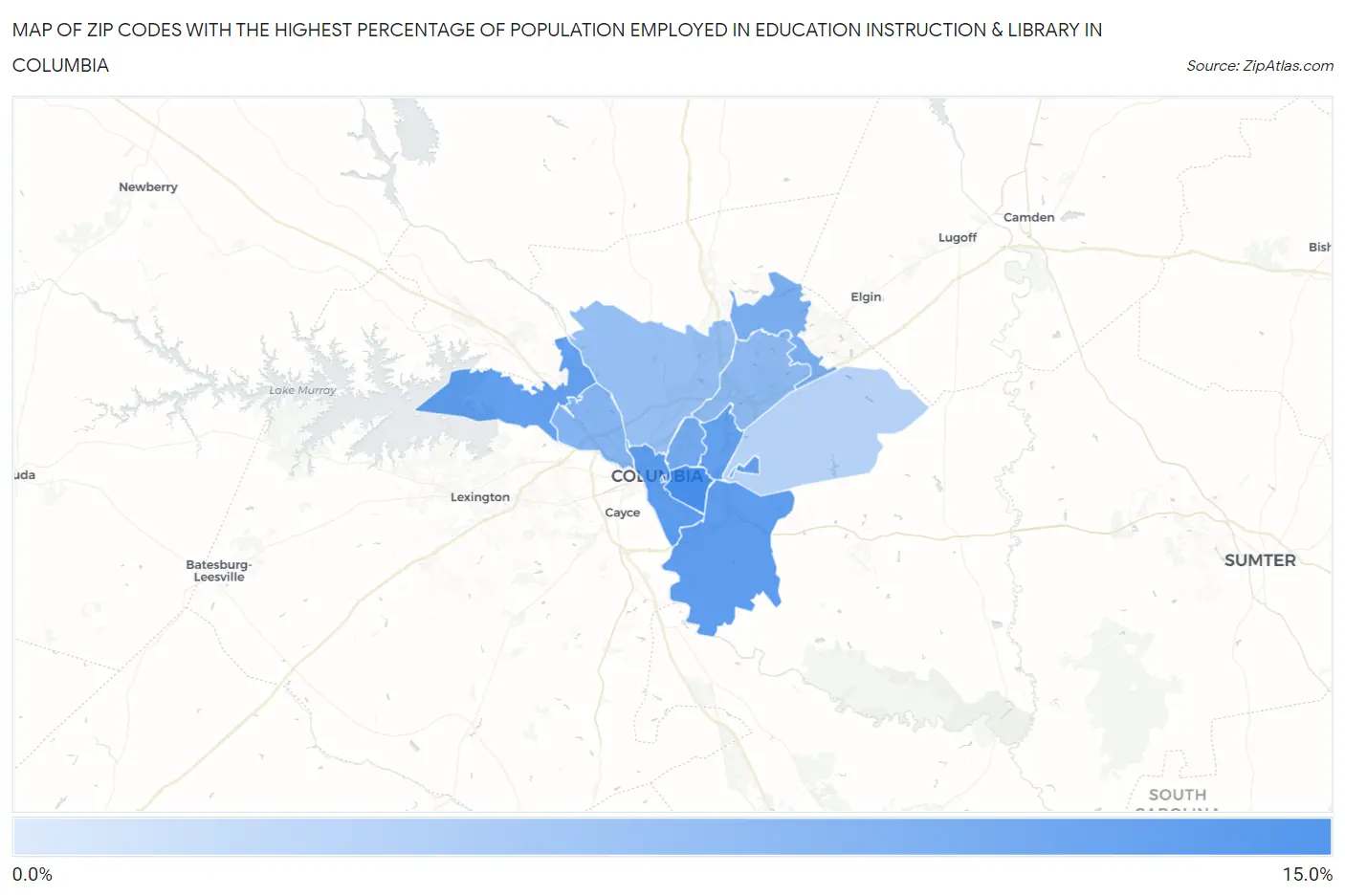 Zip Codes with the Highest Percentage of Population Employed in Education Instruction & Library in Columbia Map