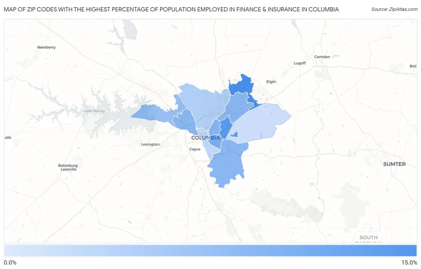 Zip Codes with the Highest Percentage of Population Employed in Finance & Insurance in Columbia Map