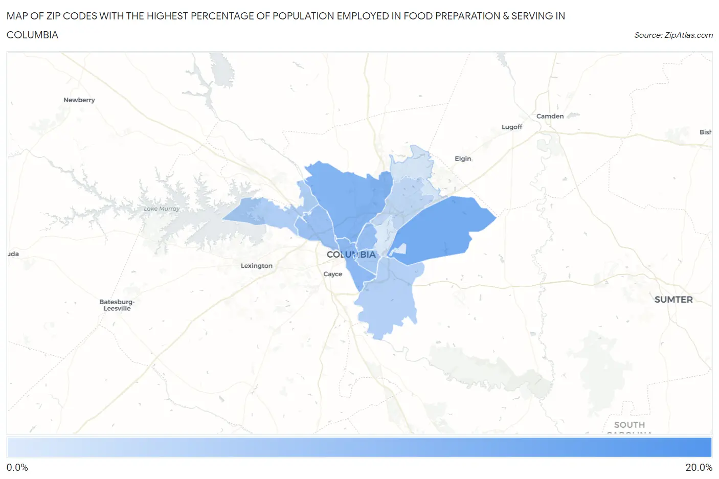 Zip Codes with the Highest Percentage of Population Employed in Food Preparation & Serving in Columbia Map
