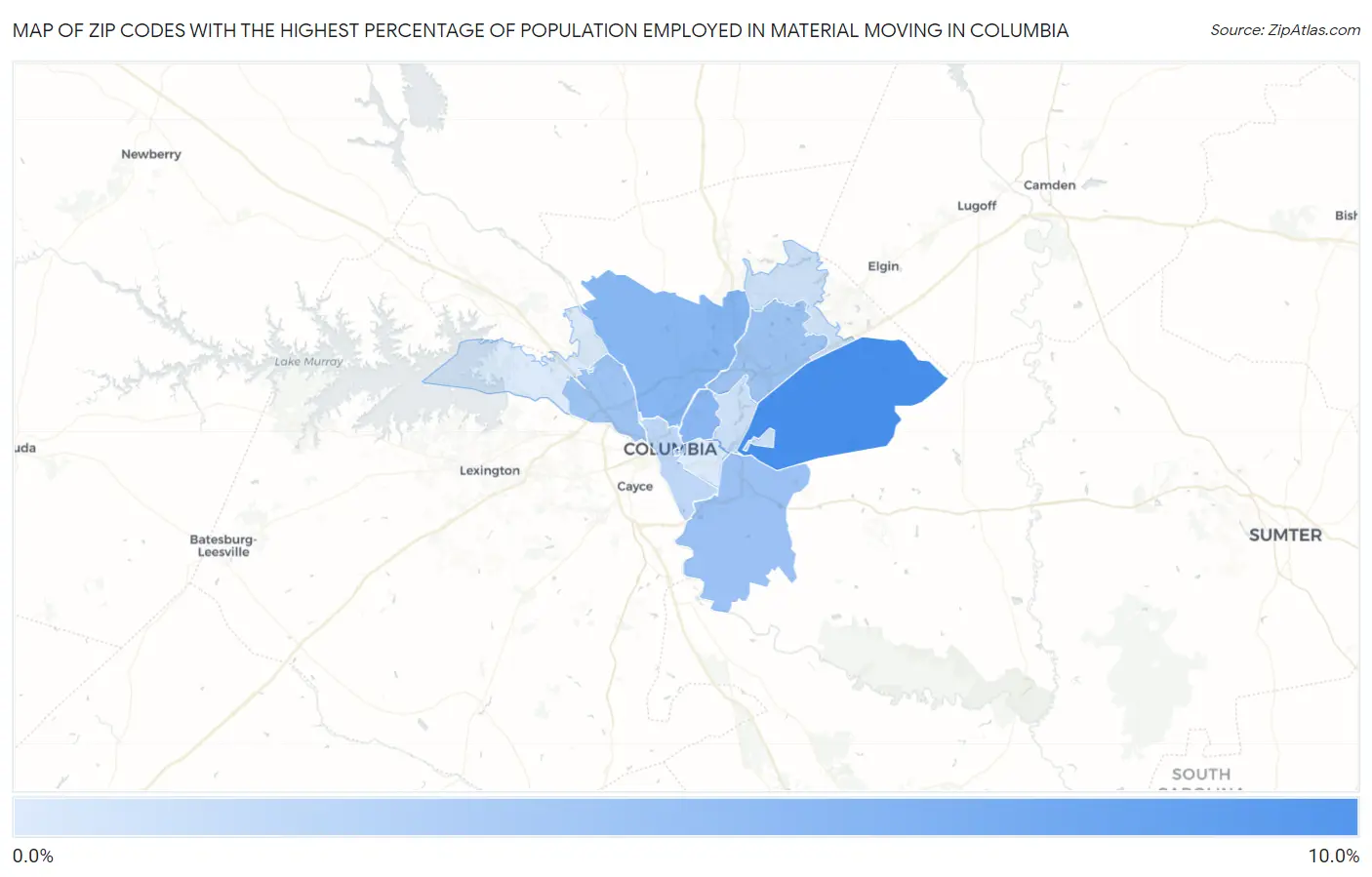 Zip Codes with the Highest Percentage of Population Employed in Material Moving in Columbia Map