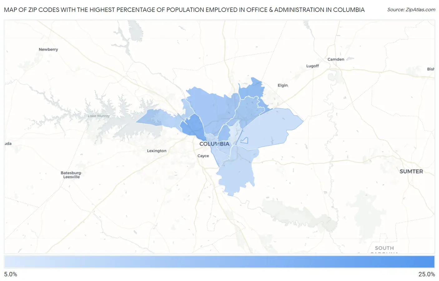 Zip Codes with the Highest Percentage of Population Employed in Office & Administration in Columbia Map