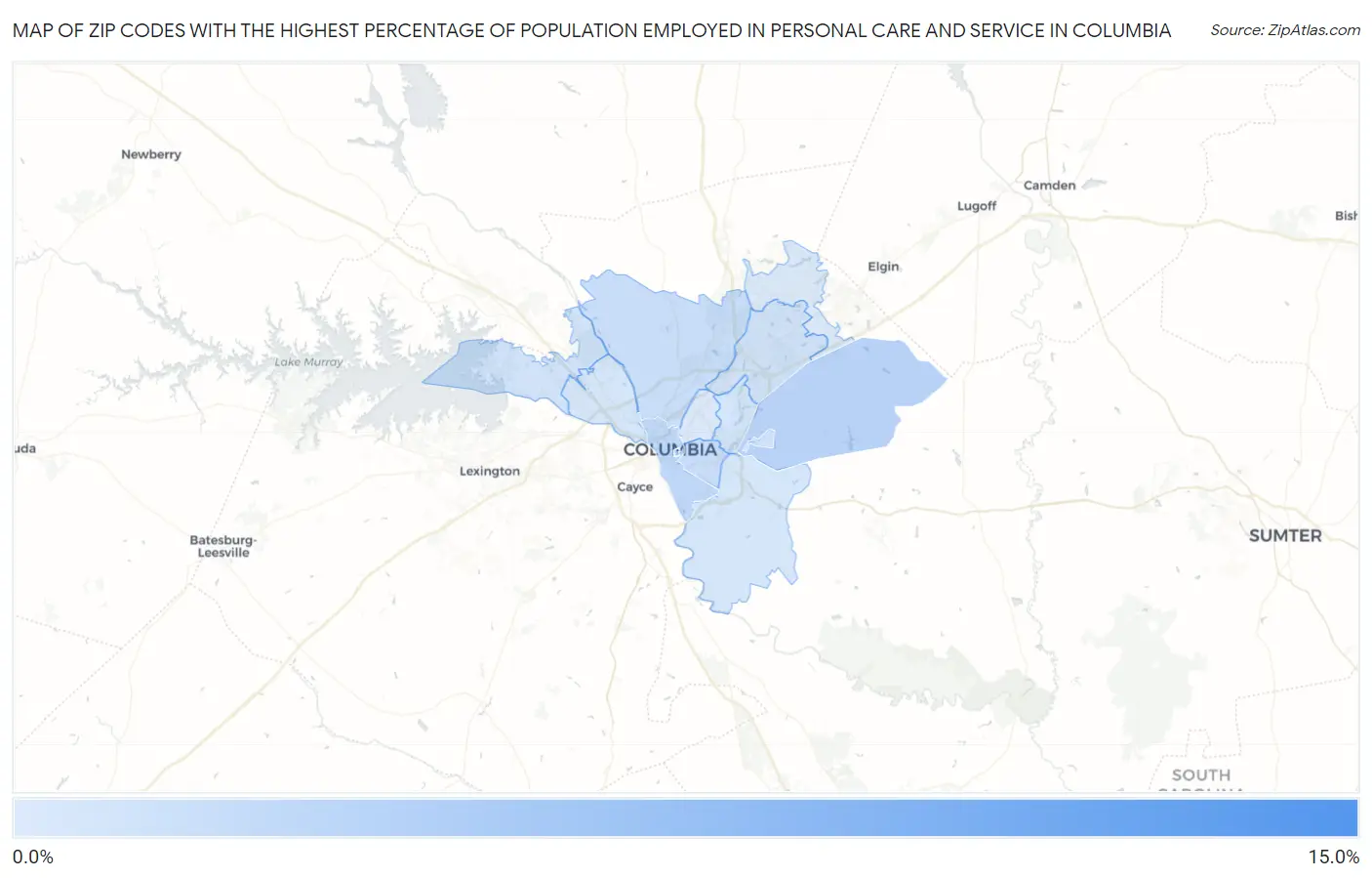 Zip Codes with the Highest Percentage of Population Employed in Personal Care and Service in Columbia Map