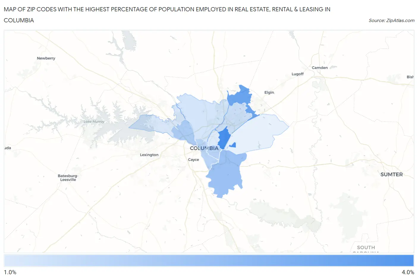 Zip Codes with the Highest Percentage of Population Employed in Real Estate, Rental & Leasing in Columbia Map
