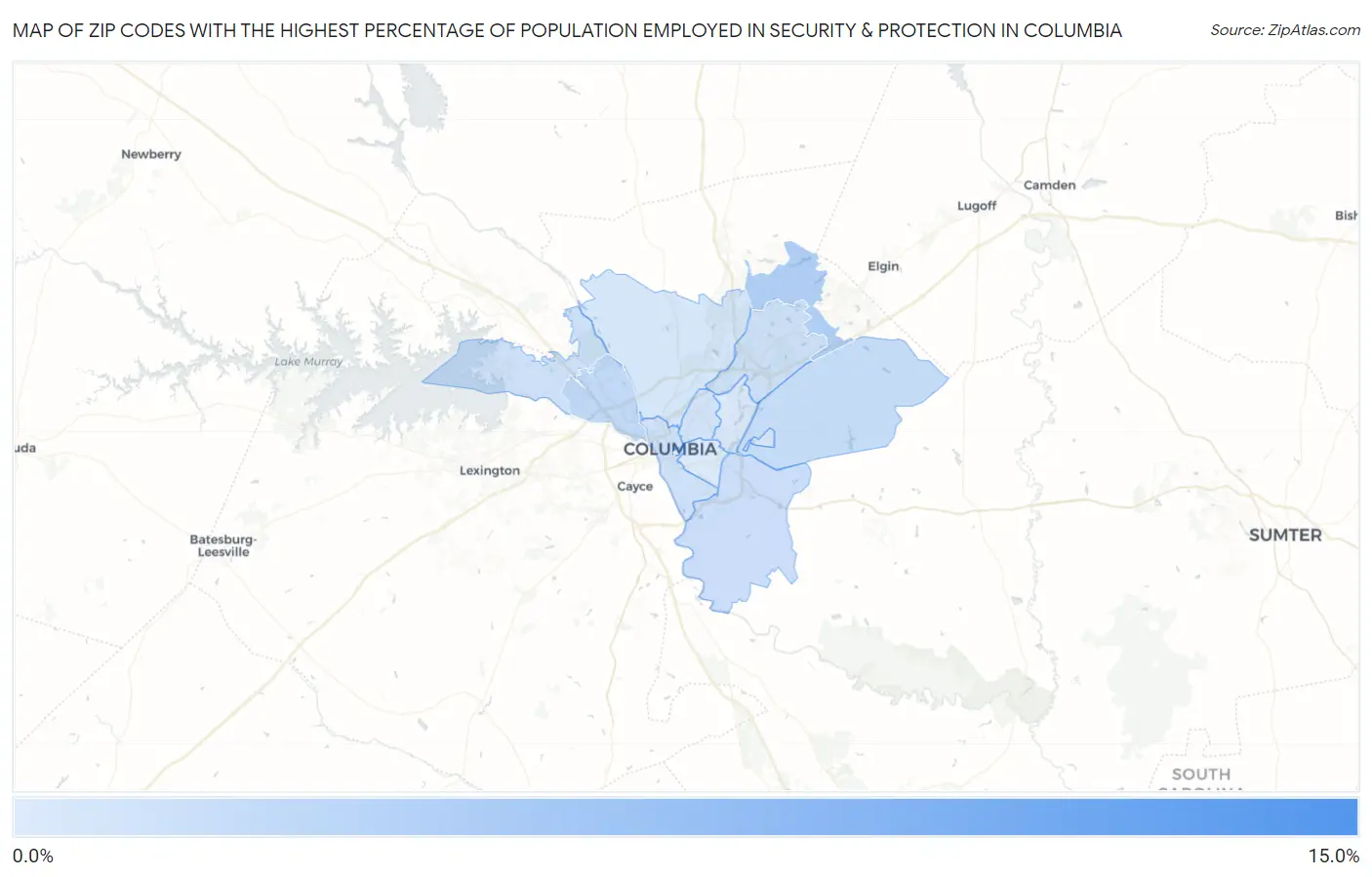 Zip Codes with the Highest Percentage of Population Employed in Security & Protection in Columbia Map