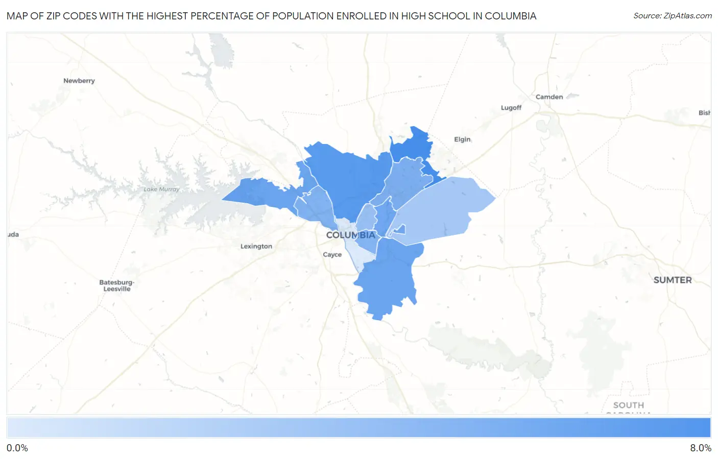 Zip Codes with the Highest Percentage of Population Enrolled in High School in Columbia Map