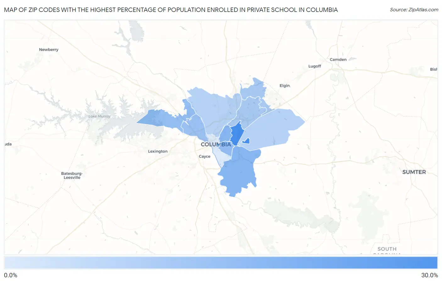 Zip Codes with the Highest Percentage of Population Enrolled in Private School in Columbia Map