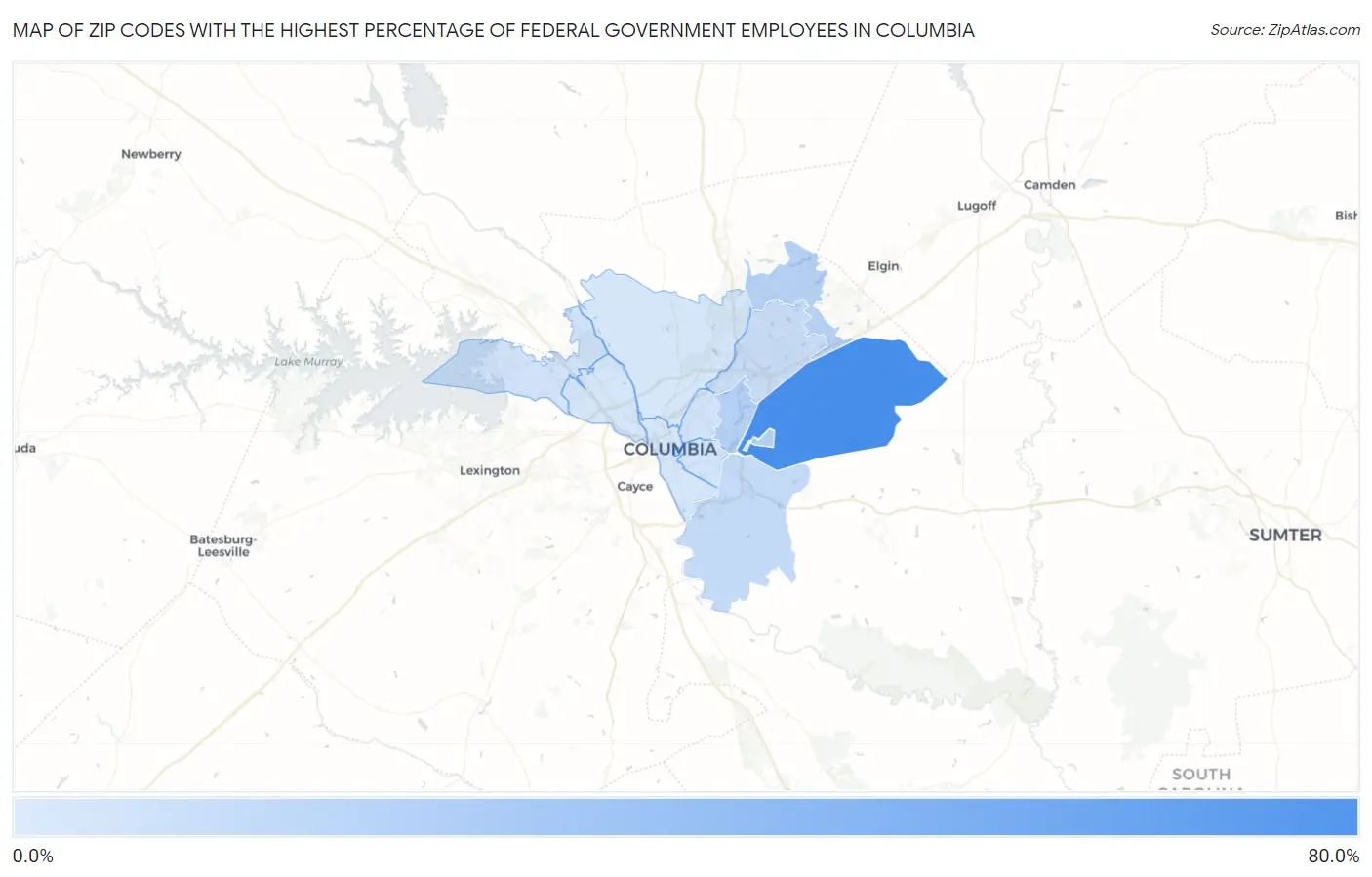Zip Codes with the Highest Percentage of Federal Government Employees in Columbia Map