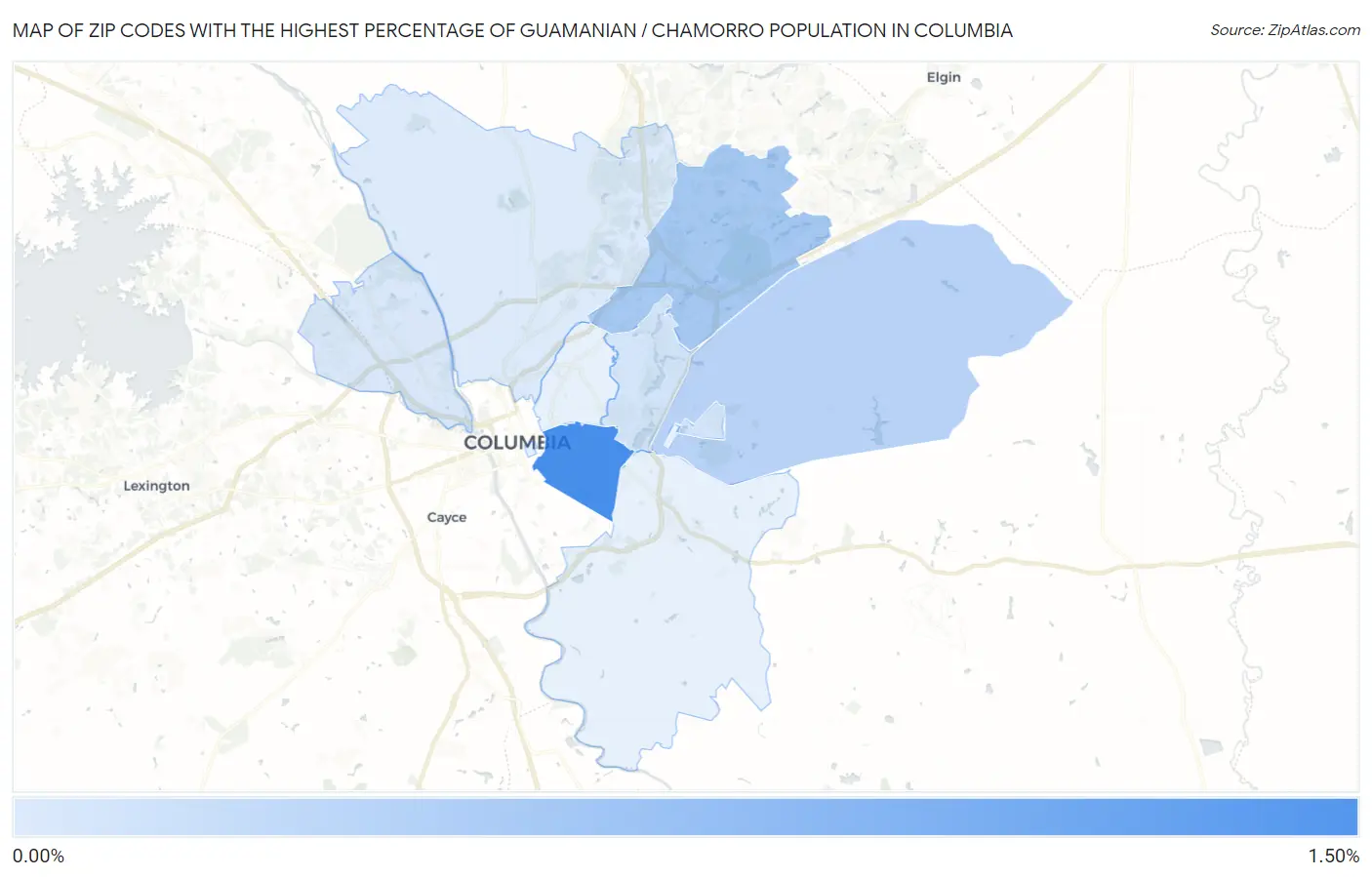Zip Codes with the Highest Percentage of Guamanian / Chamorro Population in Columbia Map