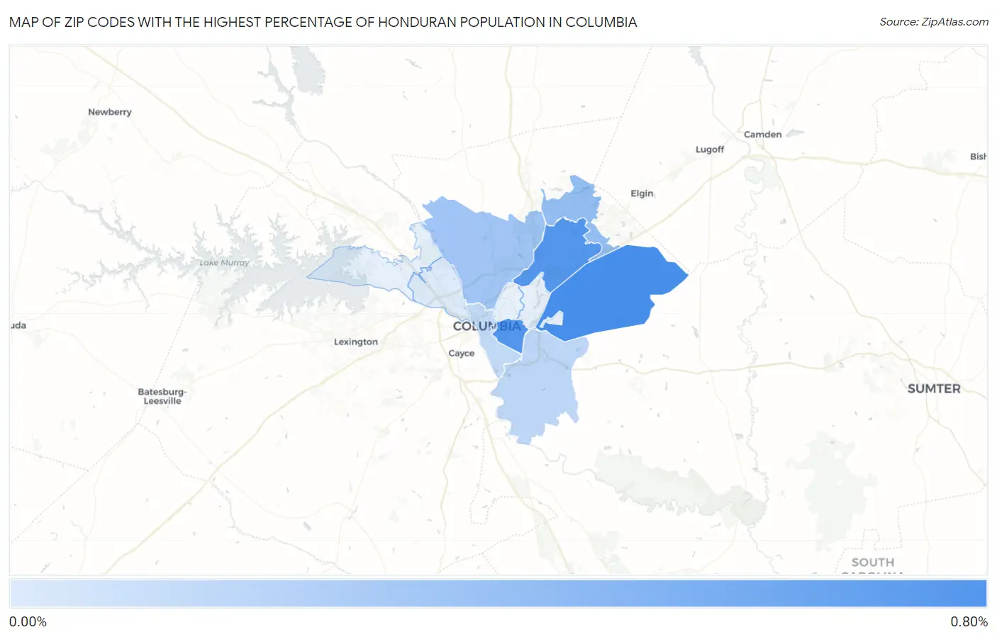 Zip Codes with the Highest Percentage of Honduran Population in Columbia Map