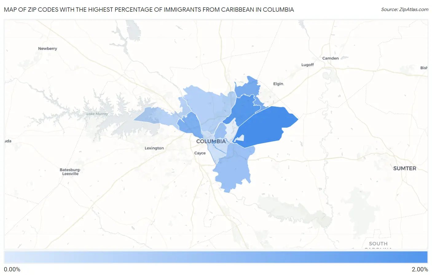 Zip Codes with the Highest Percentage of Immigrants from Caribbean in Columbia Map