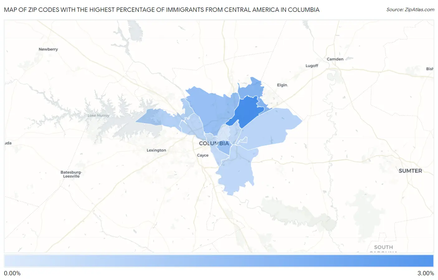 Zip Codes with the Highest Percentage of Immigrants from Central America in Columbia Map