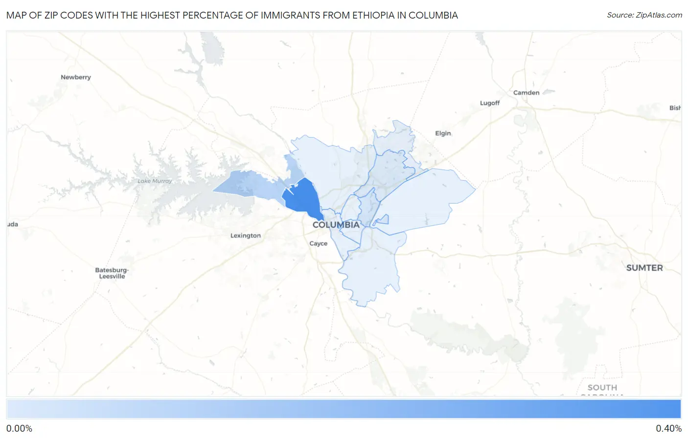 Zip Codes with the Highest Percentage of Immigrants from Ethiopia in Columbia Map