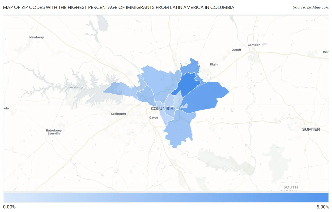Zip Codes with the Highest Percentage of Immigrants from Latin America in Columbia Map