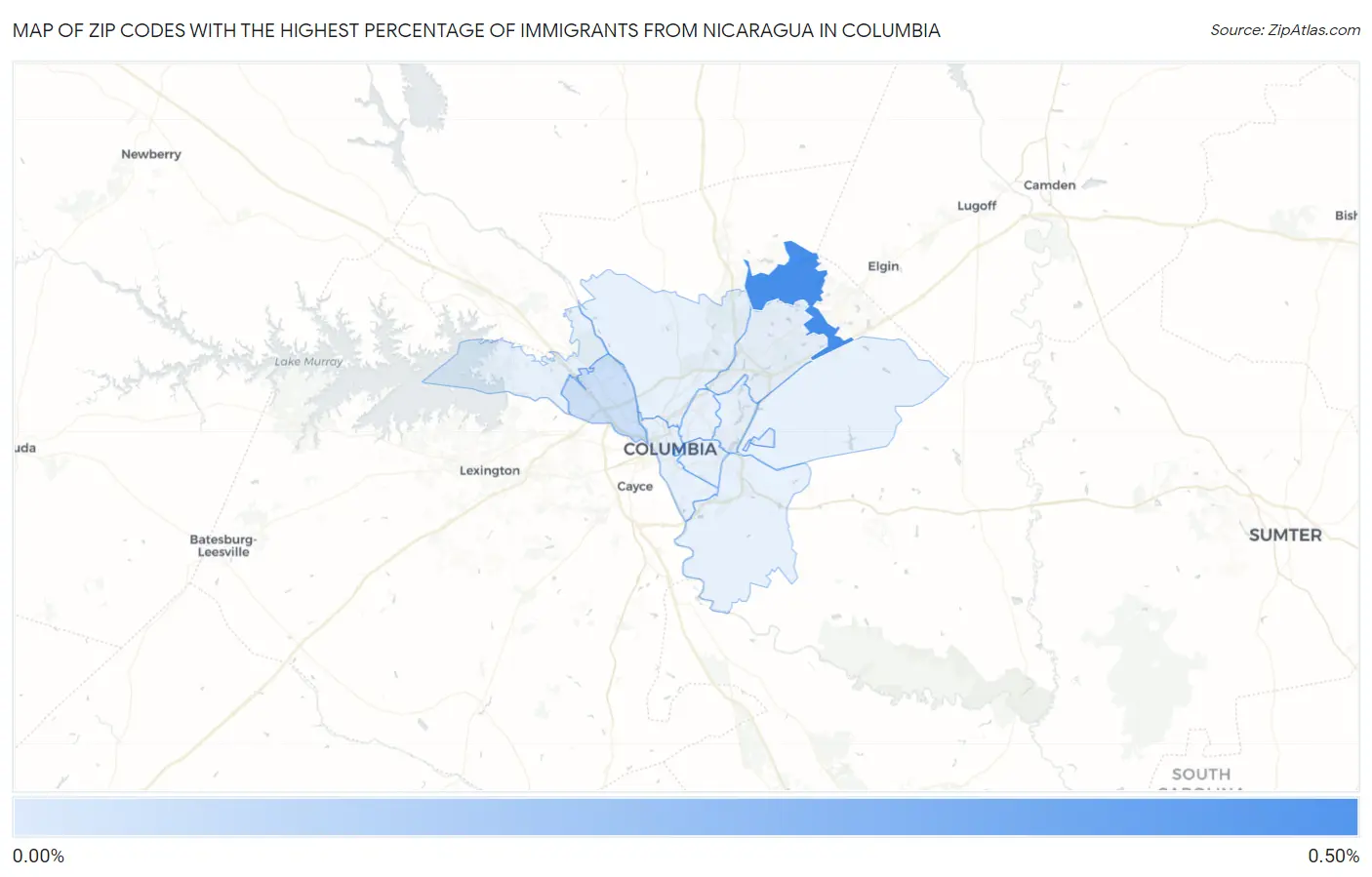 Zip Codes with the Highest Percentage of Immigrants from Nicaragua in Columbia Map