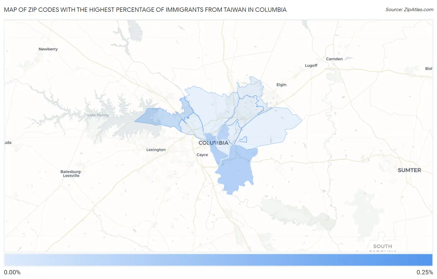 Zip Codes with the Highest Percentage of Immigrants from Taiwan in Columbia Map