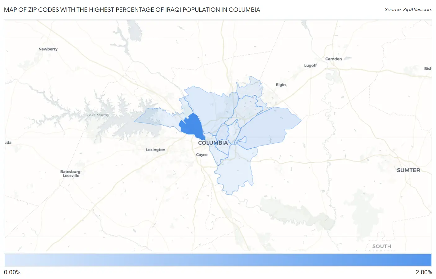Zip Codes with the Highest Percentage of Iraqi Population in Columbia Map