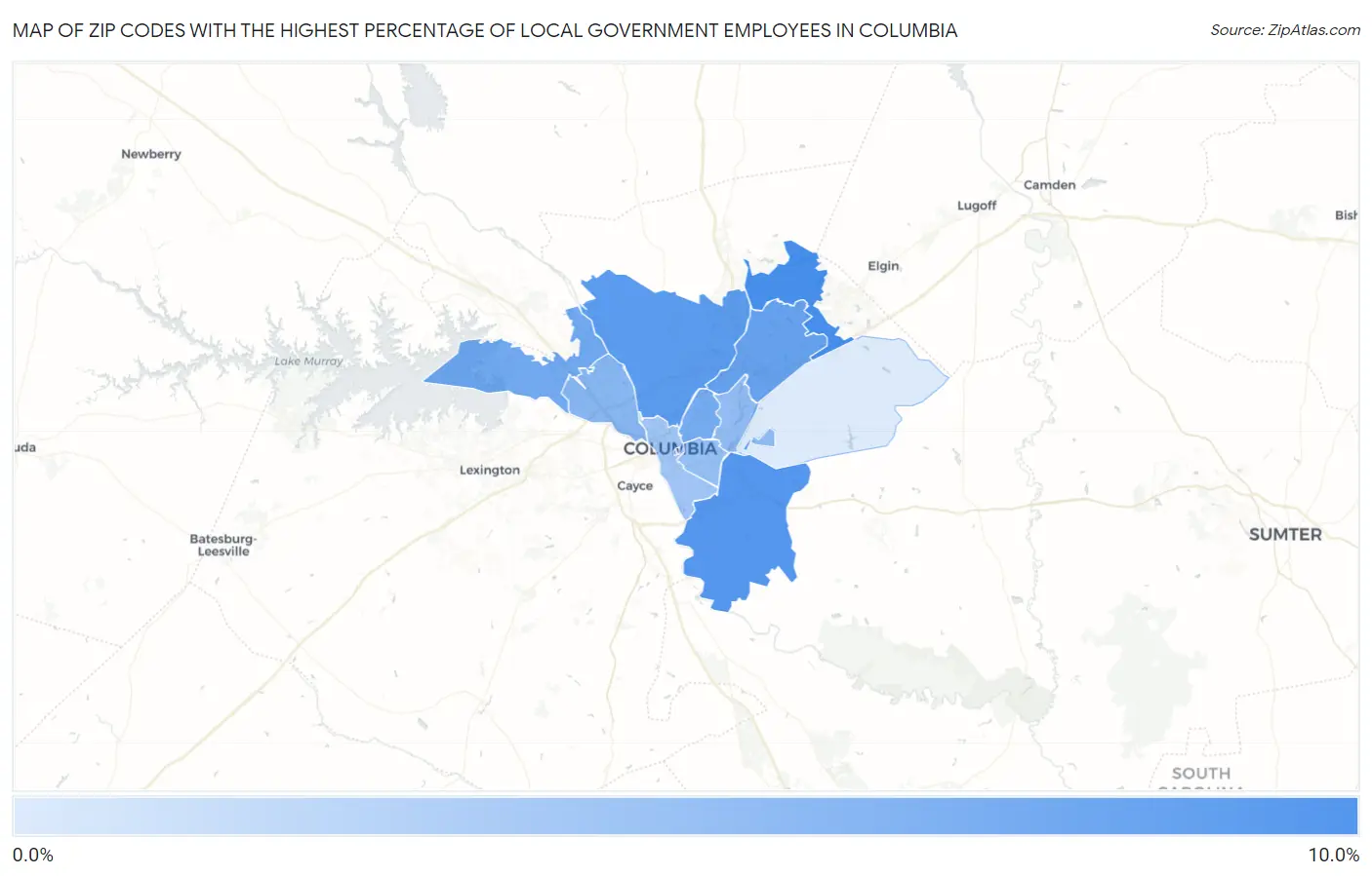 Zip Codes with the Highest Percentage of Local Government Employees in Columbia Map