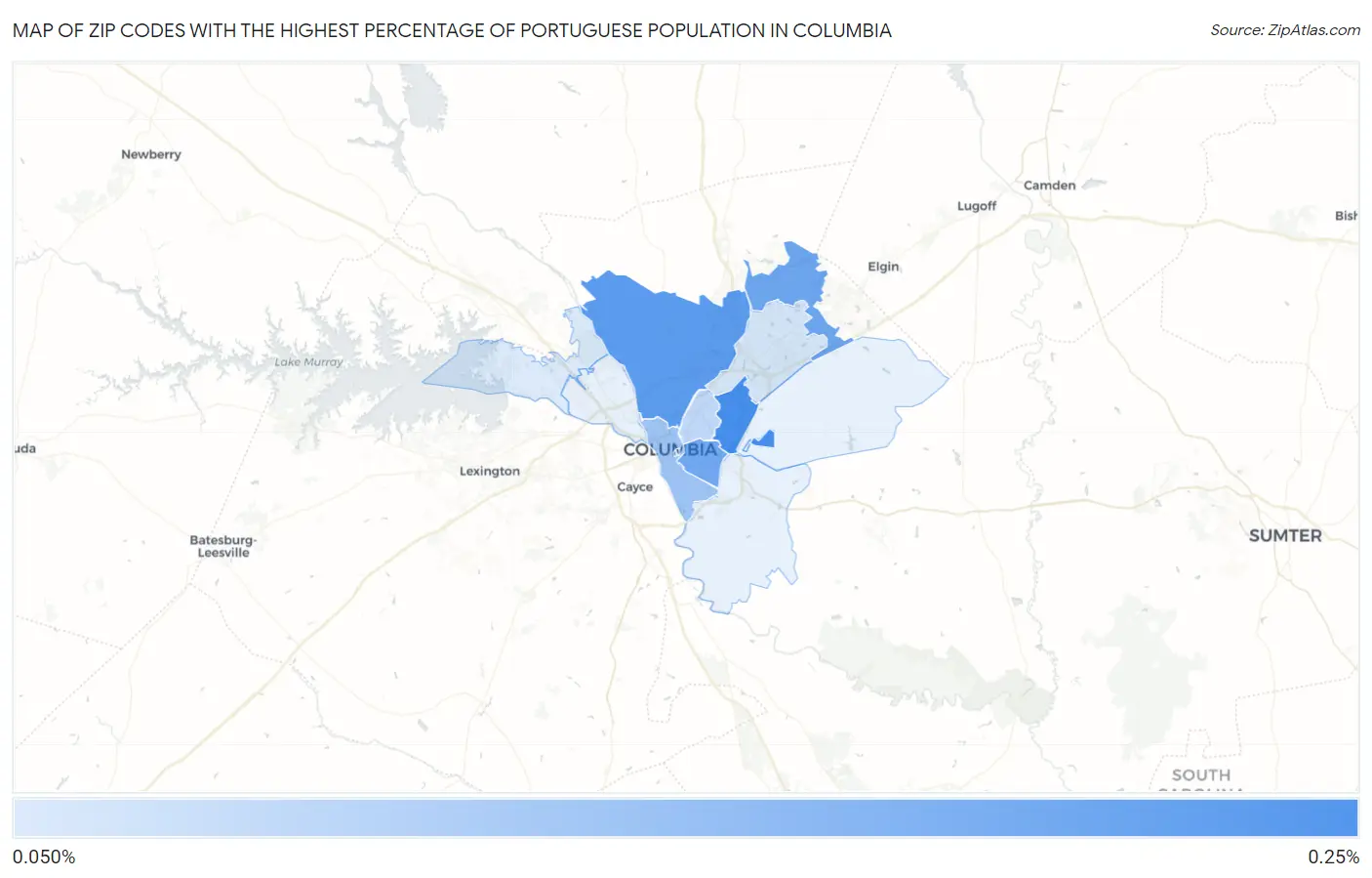 Zip Codes with the Highest Percentage of Portuguese Population in Columbia Map