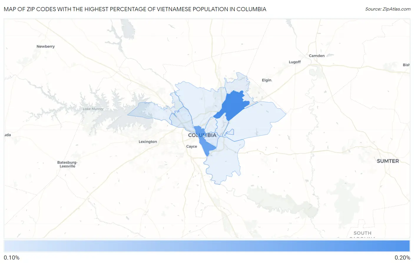 Zip Codes with the Highest Percentage of Vietnamese Population in Columbia Map