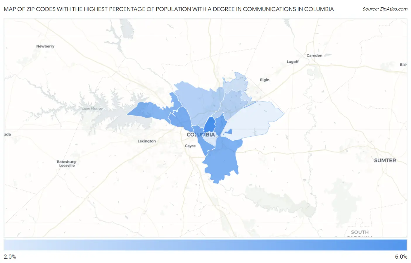 Zip Codes with the Highest Percentage of Population with a Degree in Communications in Columbia Map