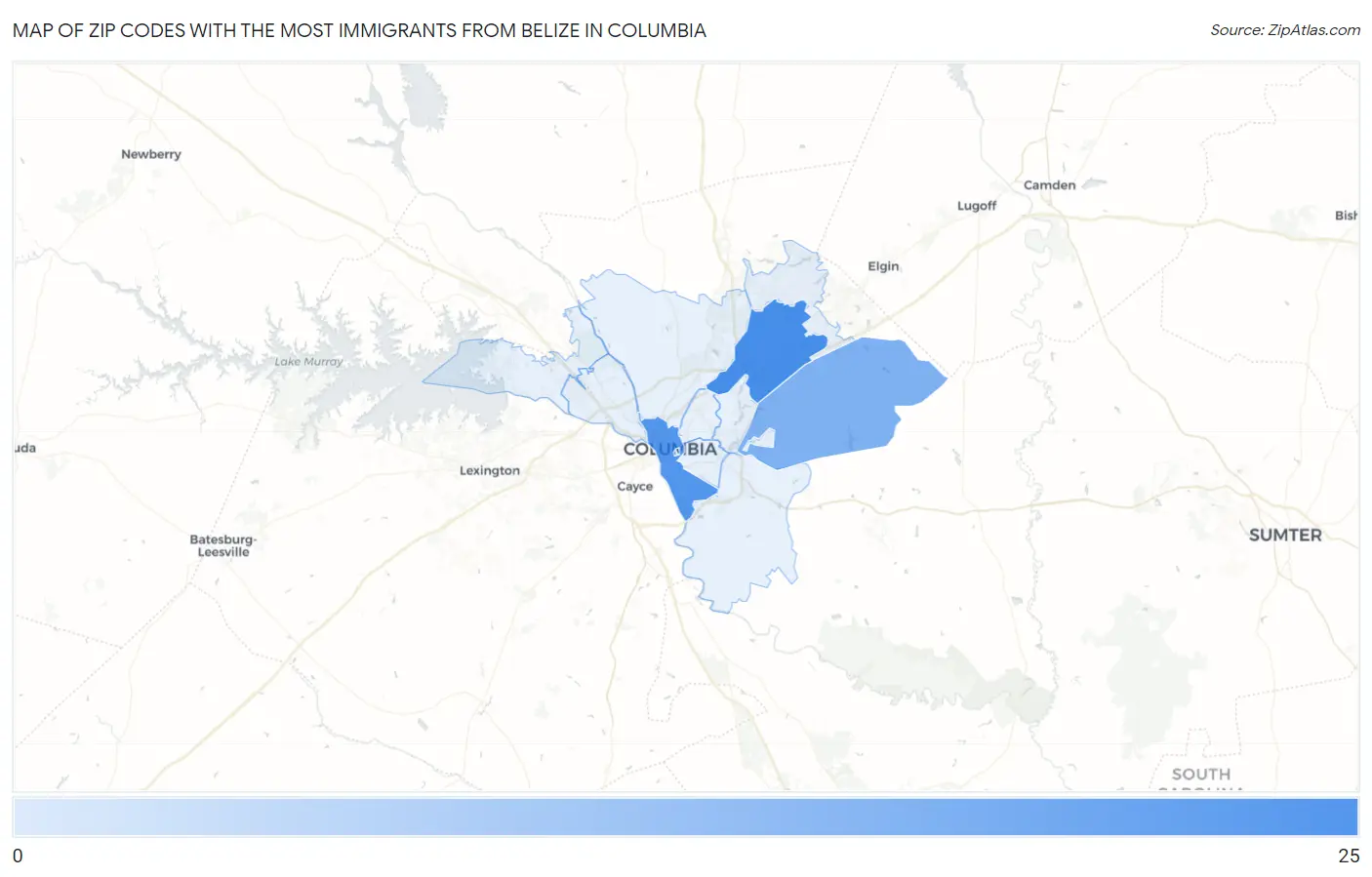 Zip Codes with the Most Immigrants from Belize in Columbia Map