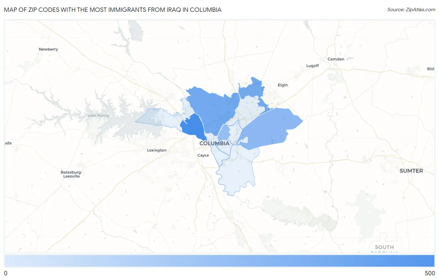 Zip Codes with the Most Immigrants from Iraq in Columbia Map