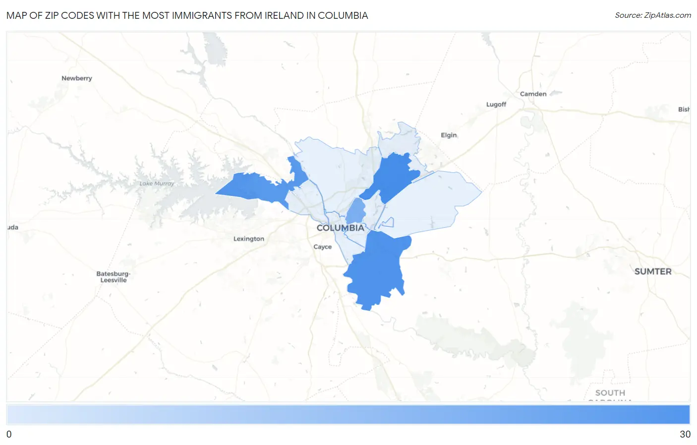 Zip Codes with the Most Immigrants from Ireland in Columbia Map