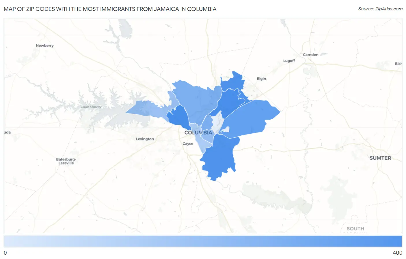 Zip Codes with the Most Immigrants from Jamaica in Columbia Map