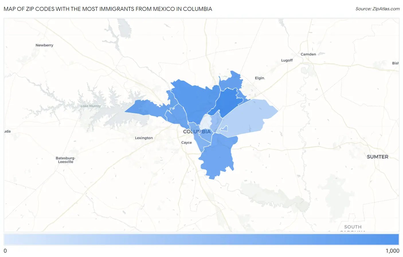 Zip Codes with the Most Immigrants from Mexico in Columbia Map