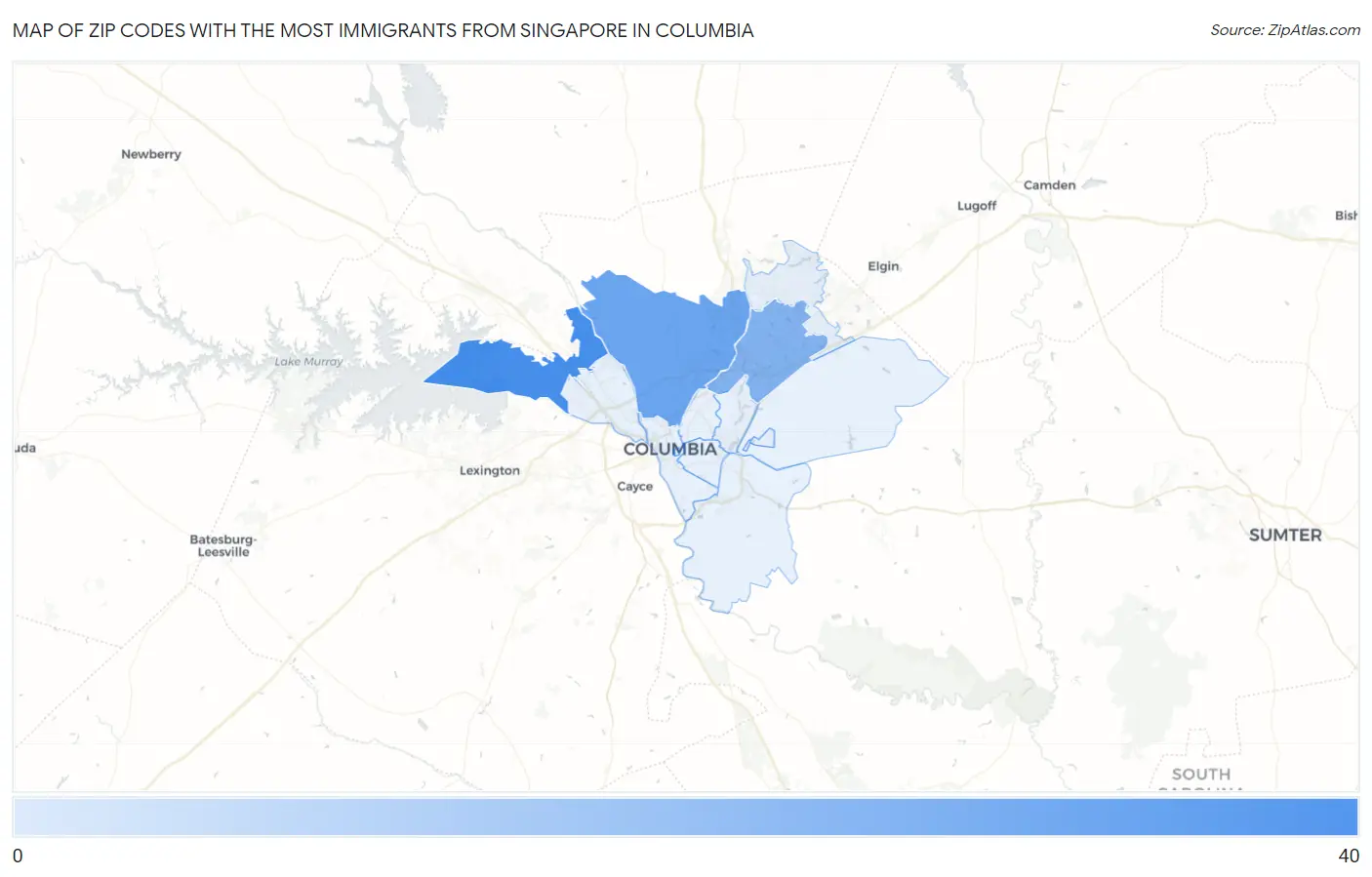 Zip Codes with the Most Immigrants from Singapore in Columbia Map