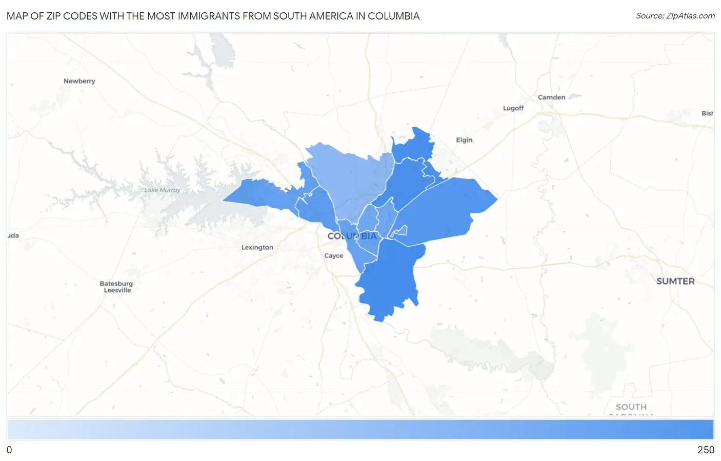 Zip Codes with the Most Immigrants from South America in Columbia Map