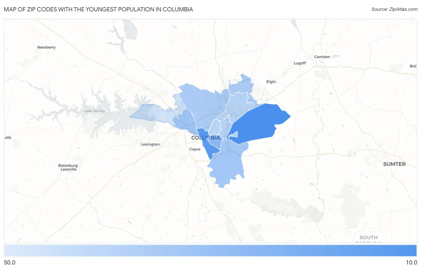 Zip Codes with the Youngest Population in Columbia Map