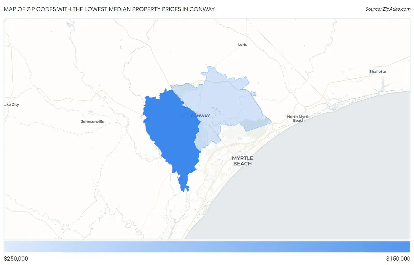 Zip Codes with the Lowest Median Property Prices in Conway Map