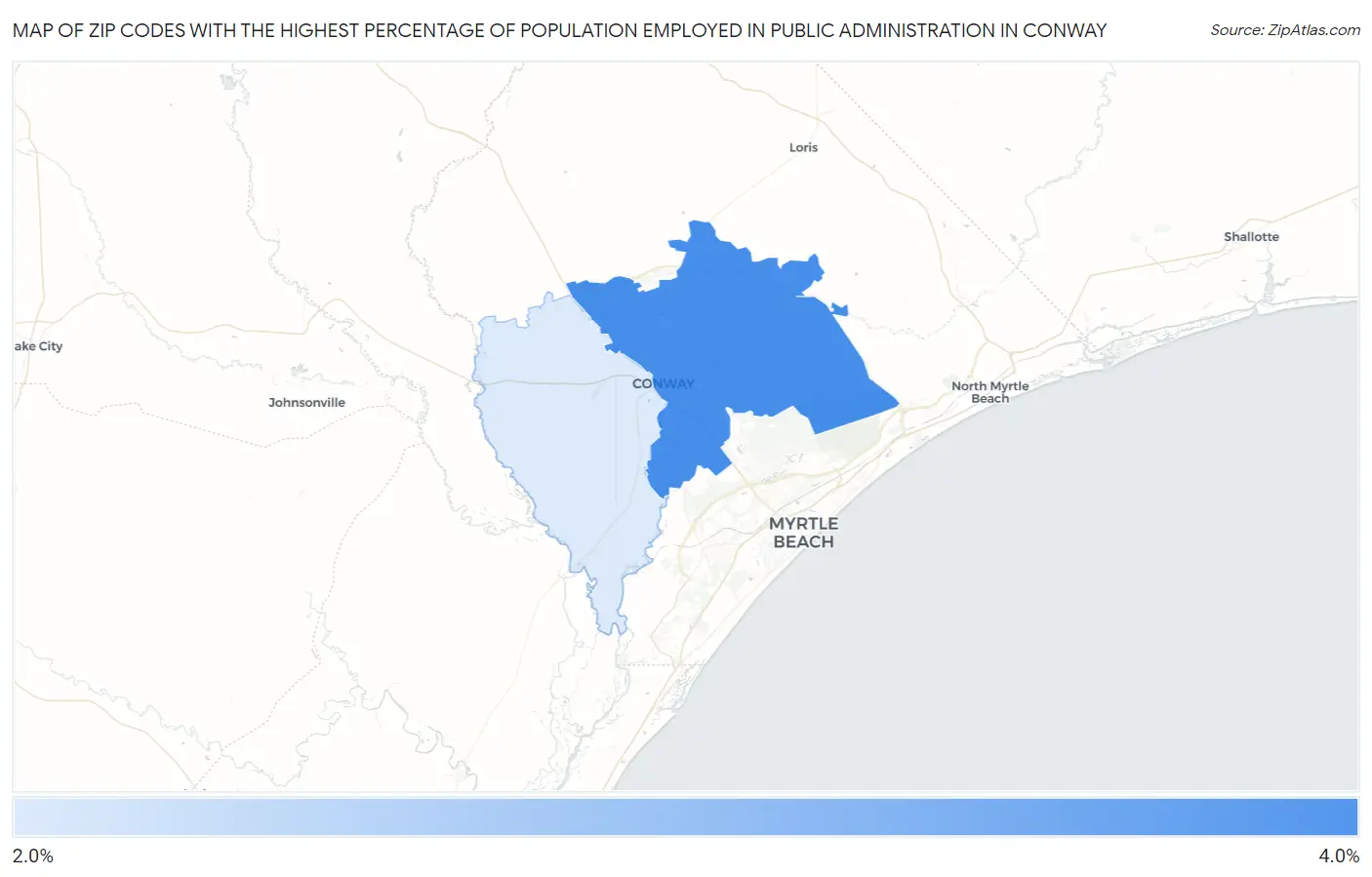 Zip Codes with the Highest Percentage of Population Employed in Public Administration in Conway Map