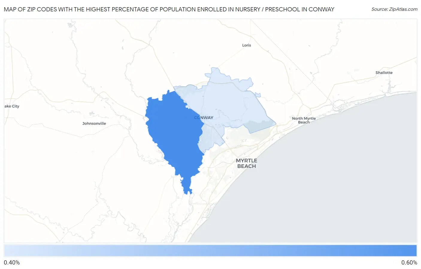 Zip Codes with the Highest Percentage of Population Enrolled in Nursery / Preschool in Conway Map