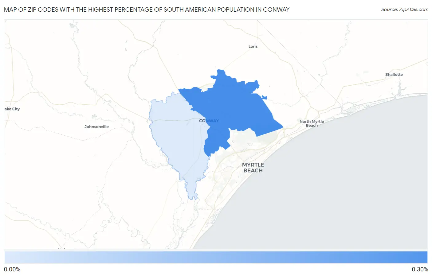 Zip Codes with the Highest Percentage of South American Population in Conway Map