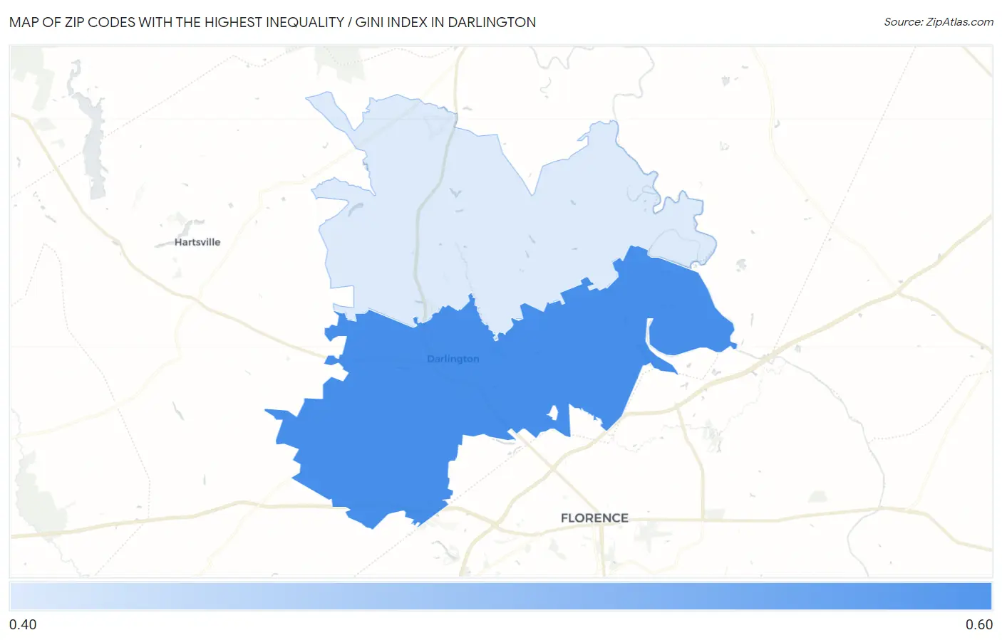 Zip Codes with the Highest Inequality / Gini Index in Darlington Map