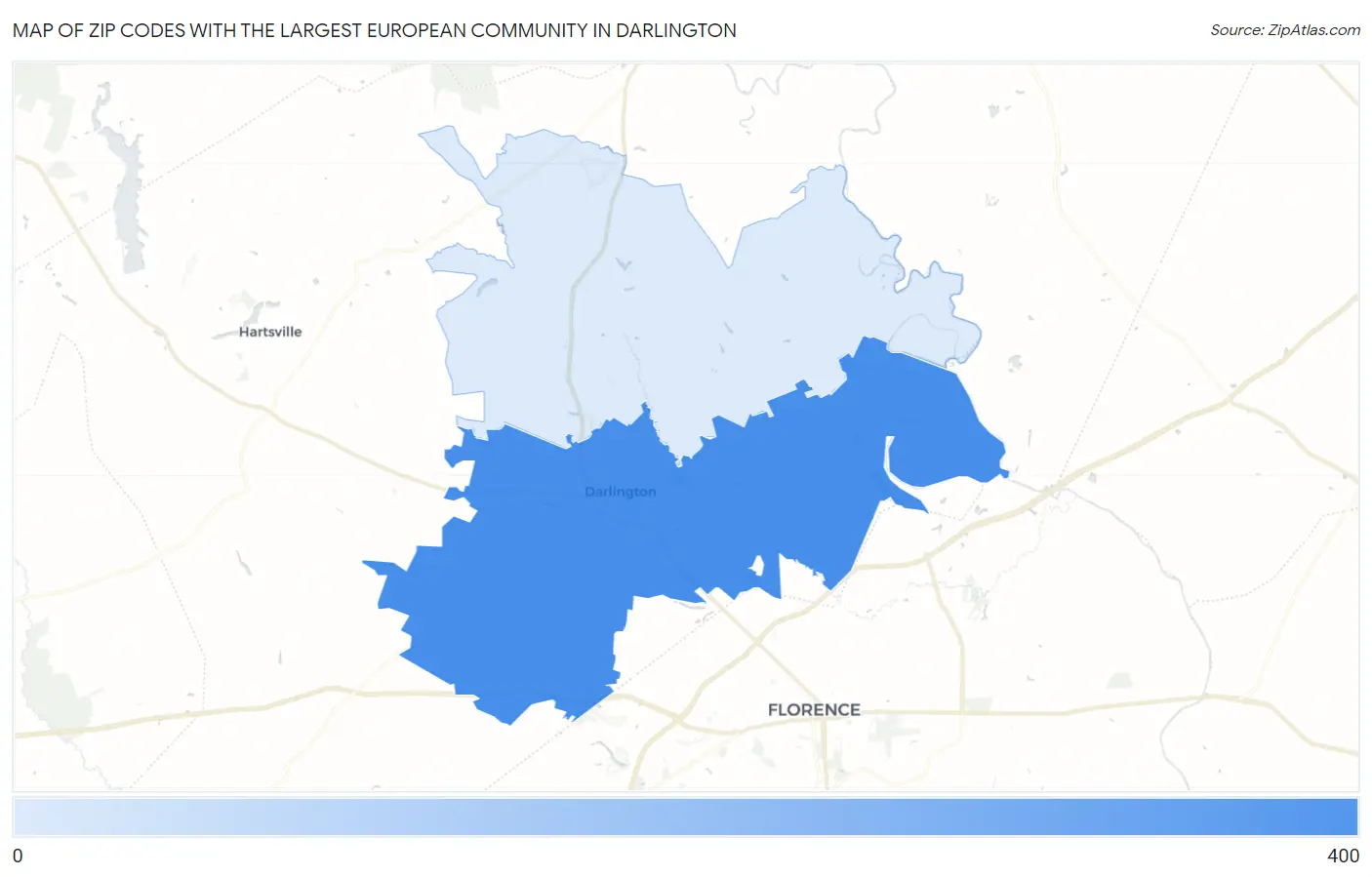 Zip Codes with the Largest European Community in Darlington Map