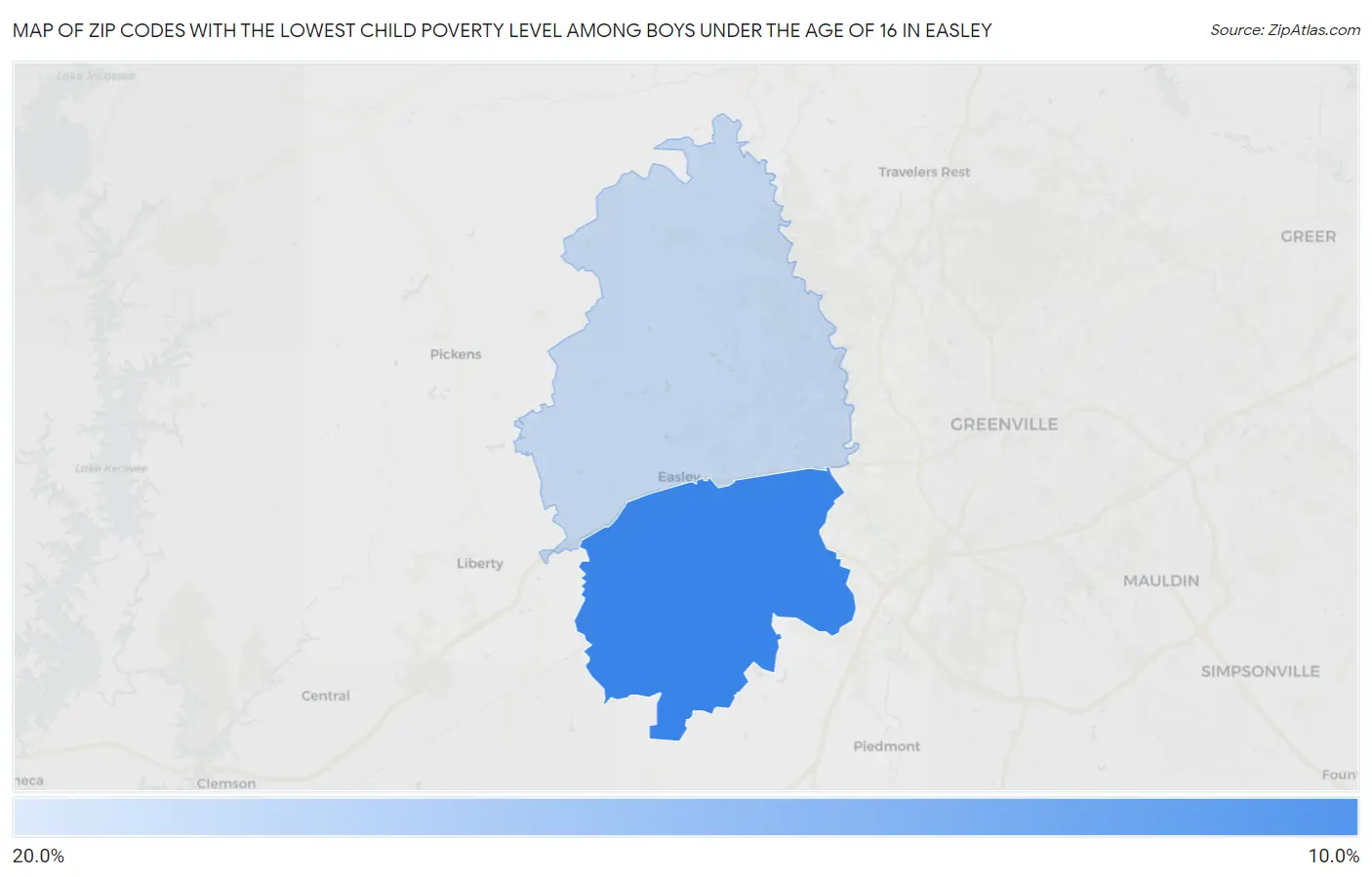 Zip Codes with the Lowest Child Poverty Level Among Boys Under the Age of 16 in Easley Map