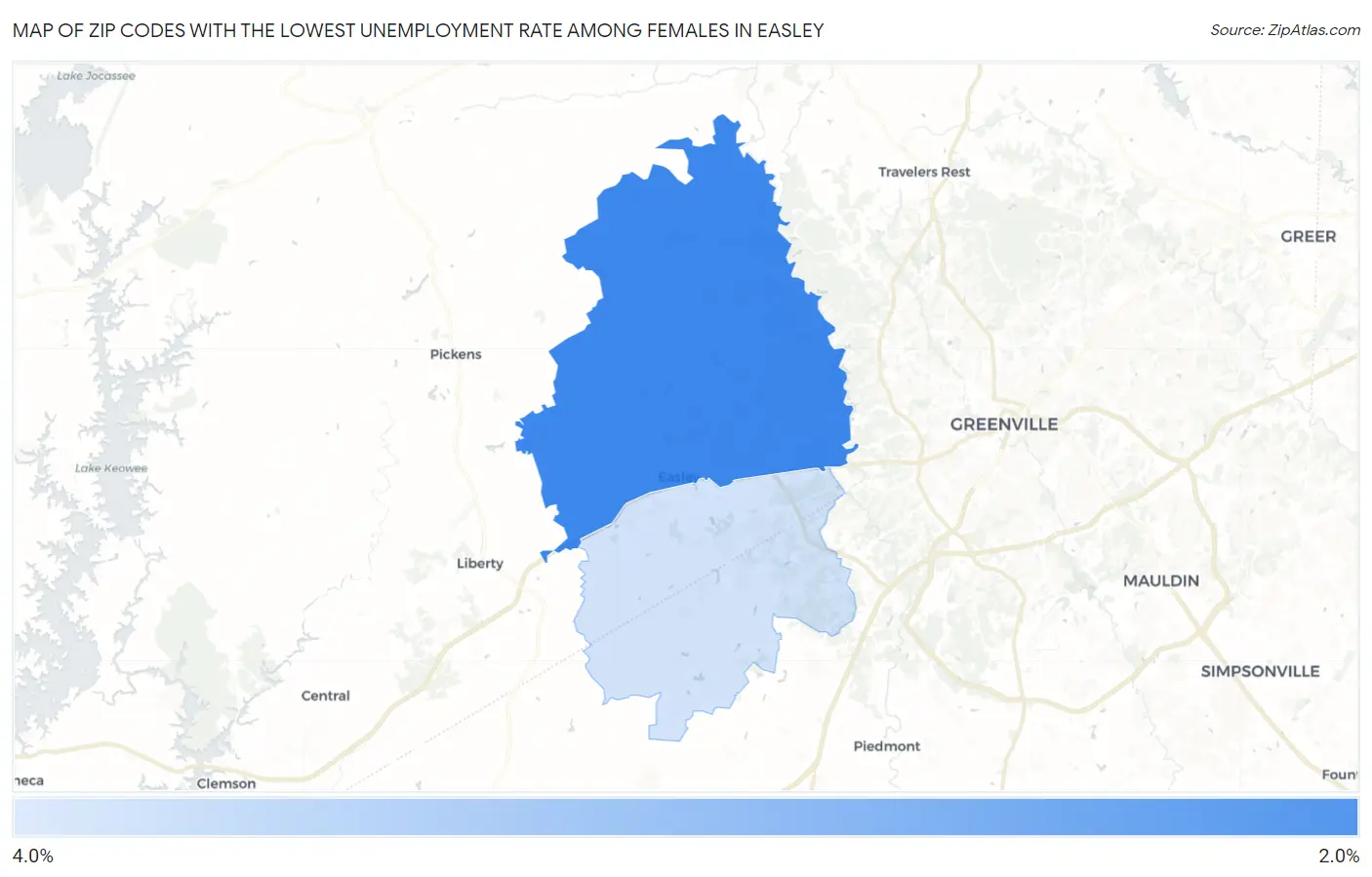 Zip Codes with the Lowest Unemployment Rate Among Females in Easley Map