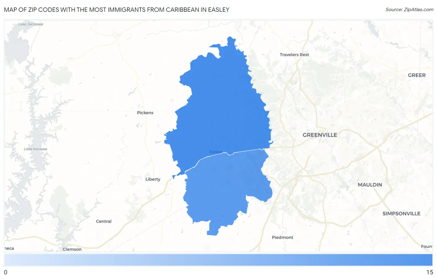 Zip Codes with the Most Immigrants from Caribbean in Easley Map