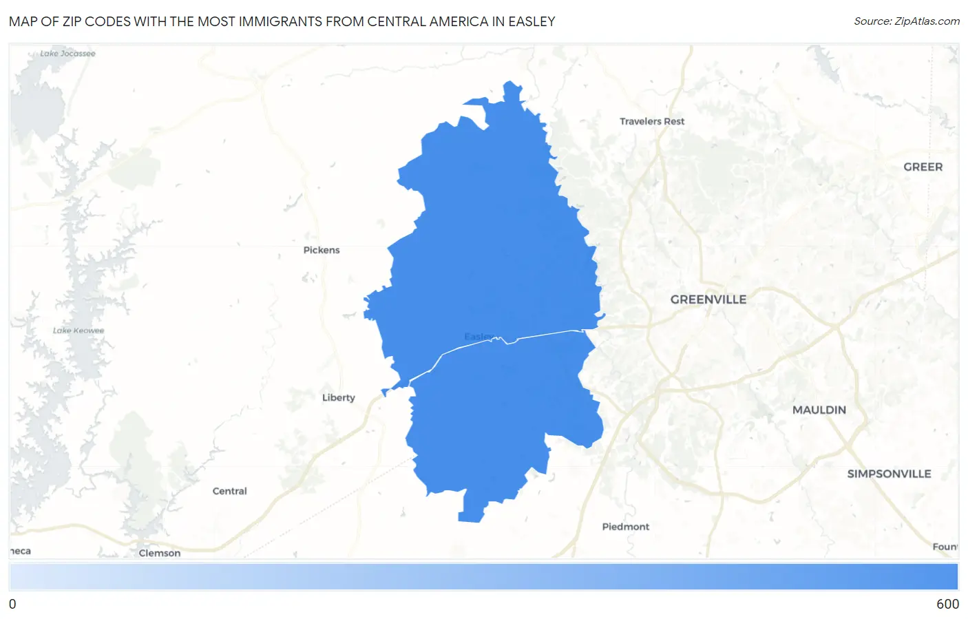 Zip Codes with the Most Immigrants from Central America in Easley Map