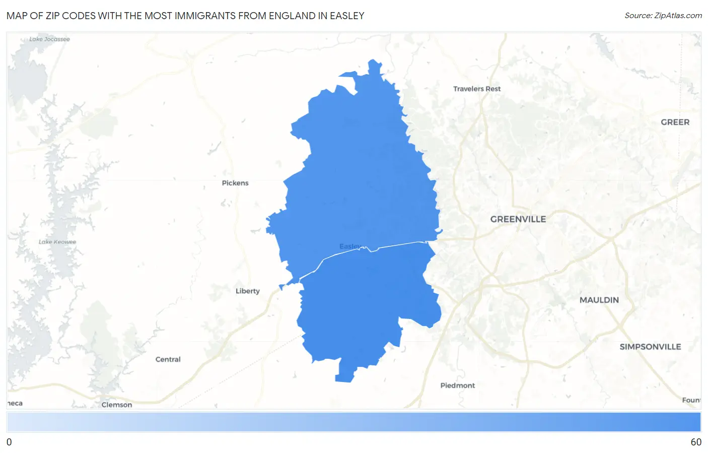 Zip Codes with the Most Immigrants from England in Easley Map