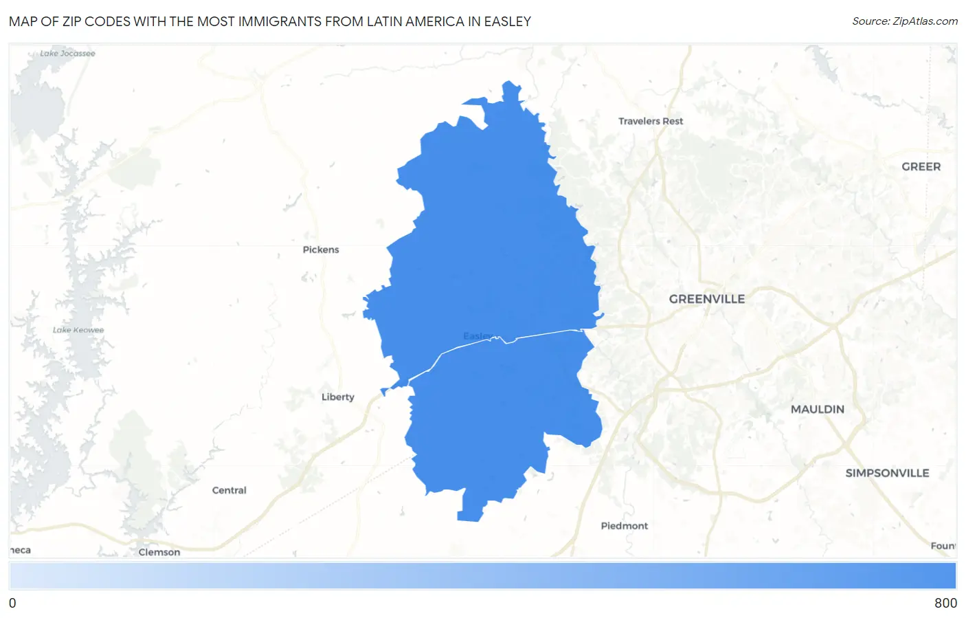 Zip Codes with the Most Immigrants from Latin America in Easley Map