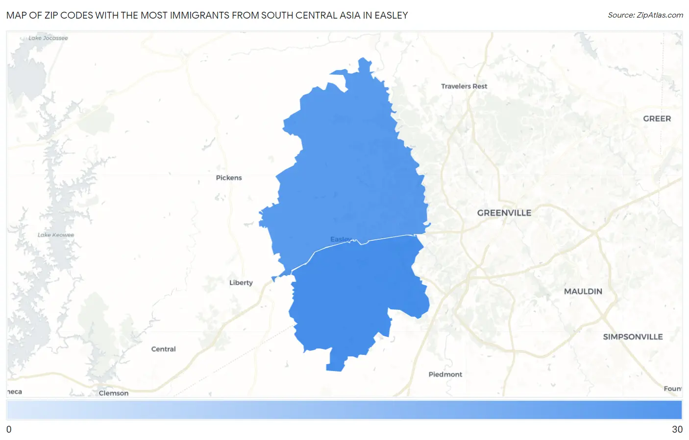 Zip Codes with the Most Immigrants from South Central Asia in Easley Map