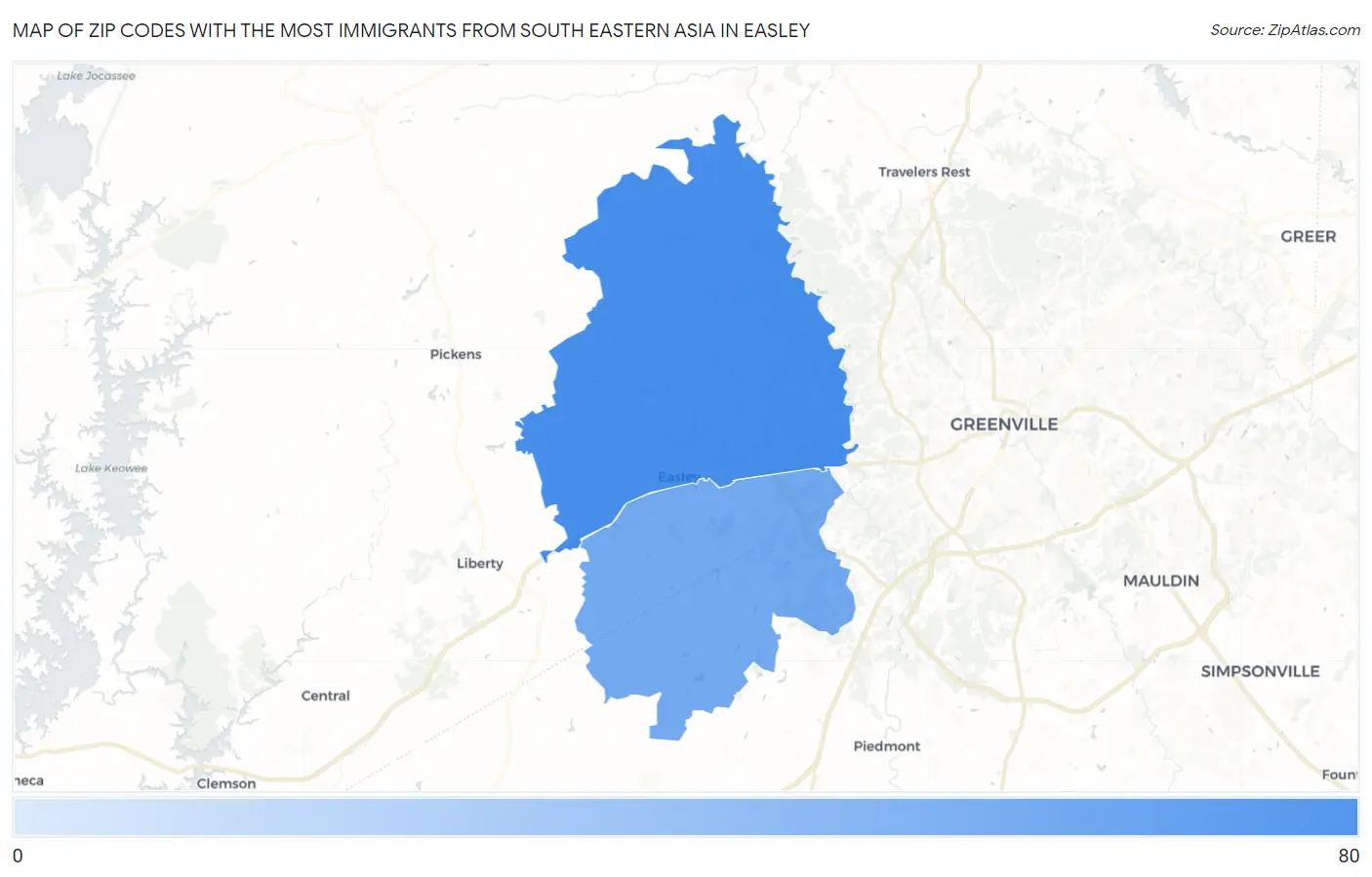 Zip Codes with the Most Immigrants from South Eastern Asia in Easley Map