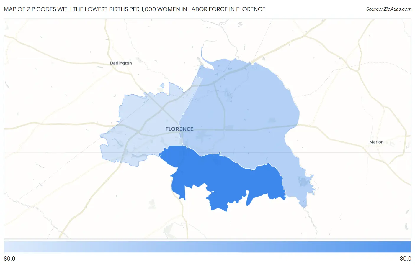 Zip Codes with the Lowest Births per 1,000 Women in Labor Force in Florence Map