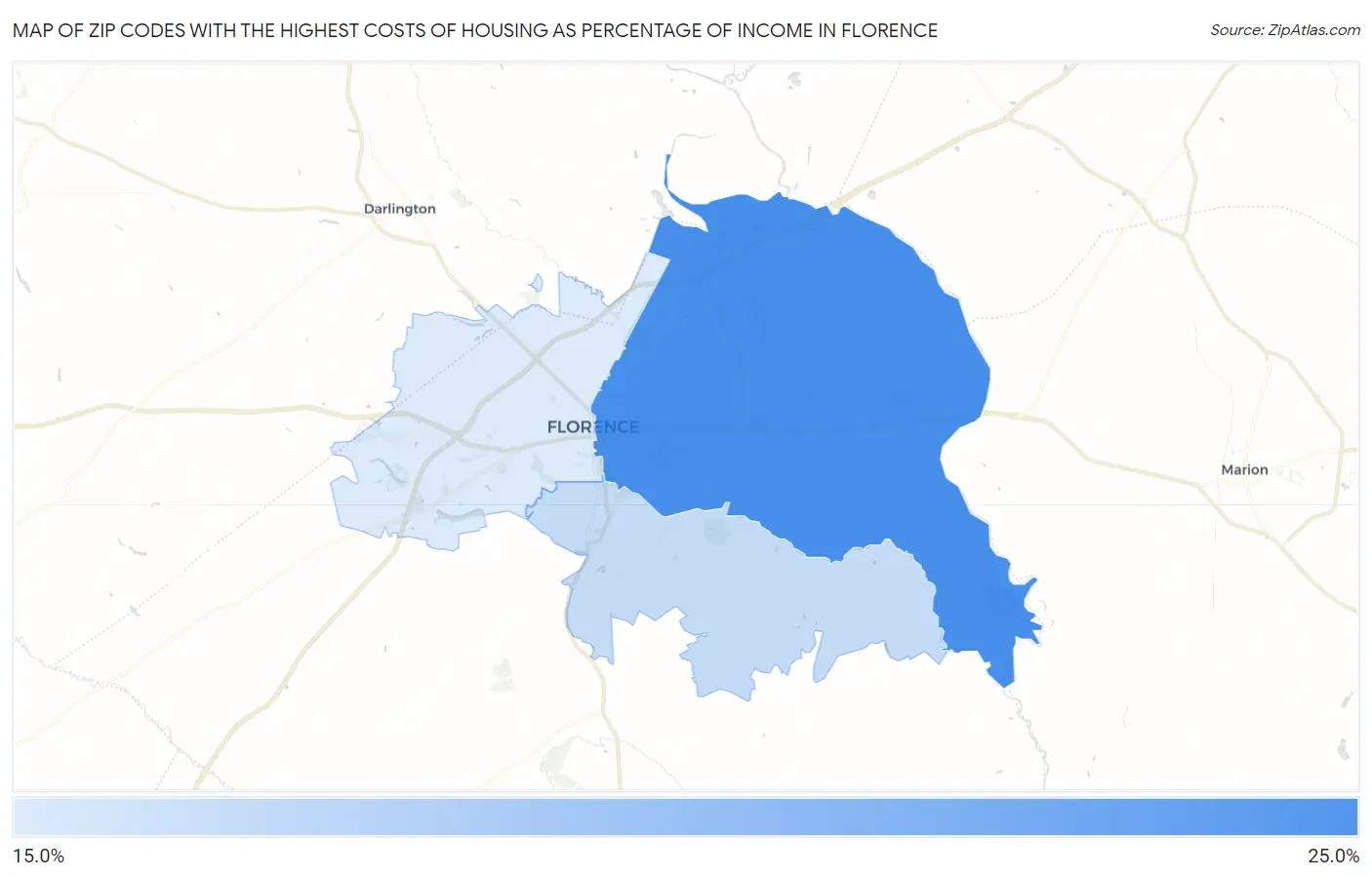 Zip Codes with the Highest Costs of Housing as Percentage of Income in Florence Map